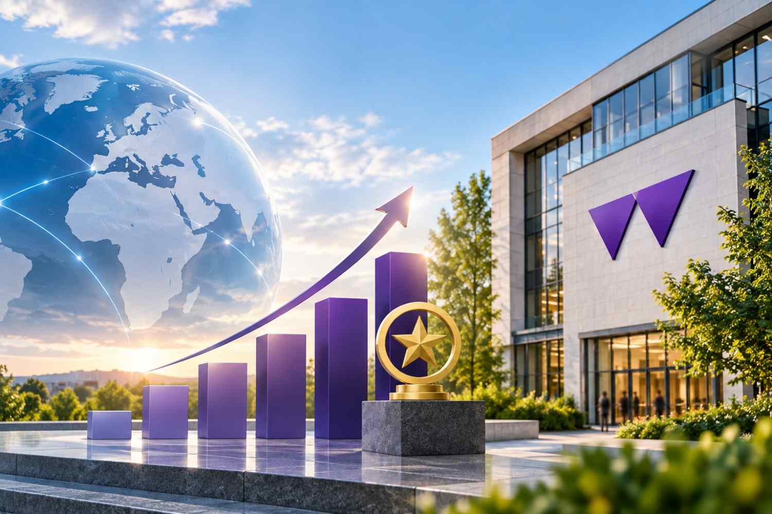 Warwick MiM ranking graphic with Warwick Business School campus, global globe, rising bar chart, upward arrow and award symbol.